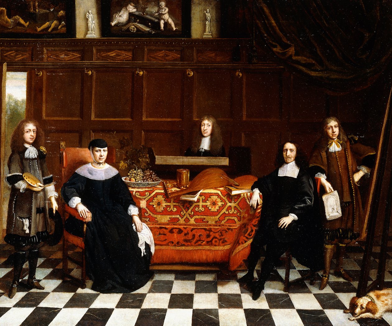Et gruppeportrett av en familie som sitter rundt et bord drapert med et teppe, ca. 1665-70 av Gillis van Tilborgh