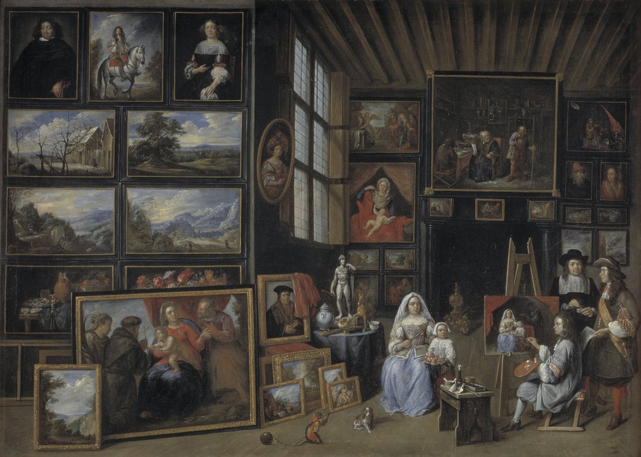 Et bildegalleri med en kunstner som maler en kvinne og en jente. Allegori over malerkunsten av Gillis van Tilborgh