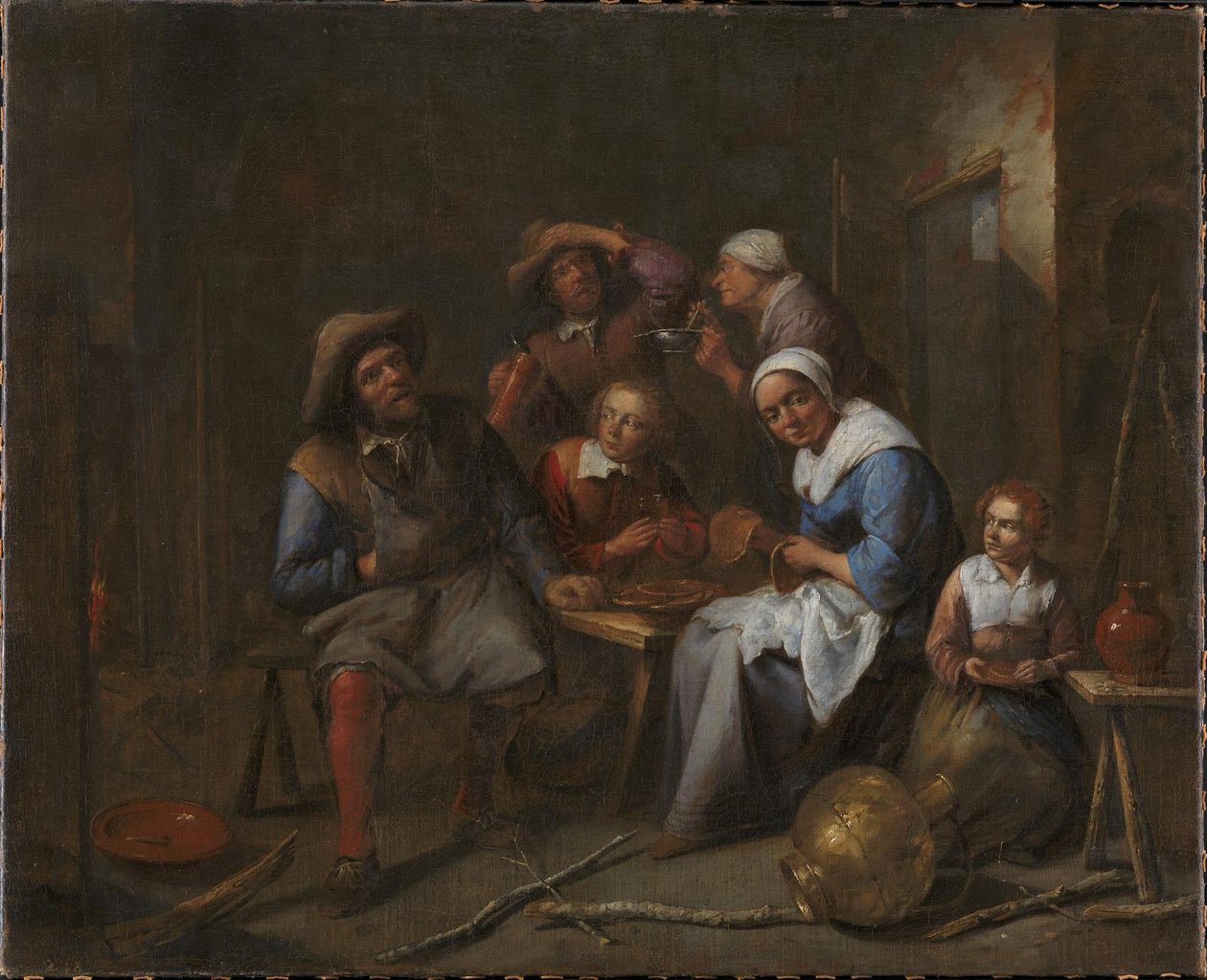 Et interiør med håndverkere og bønder som spiser og drikker av Gillis van Tilborgh