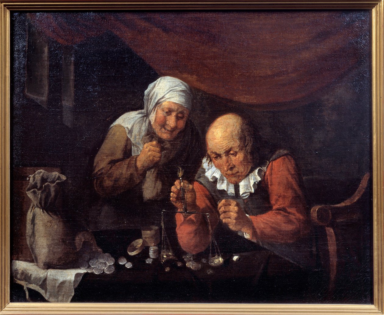 Det grådige paret gamle menn som veier eiendelene sine. Maleri av Gillis Van Tilborgh (eller Tilborch av Gillis van Tilborgh