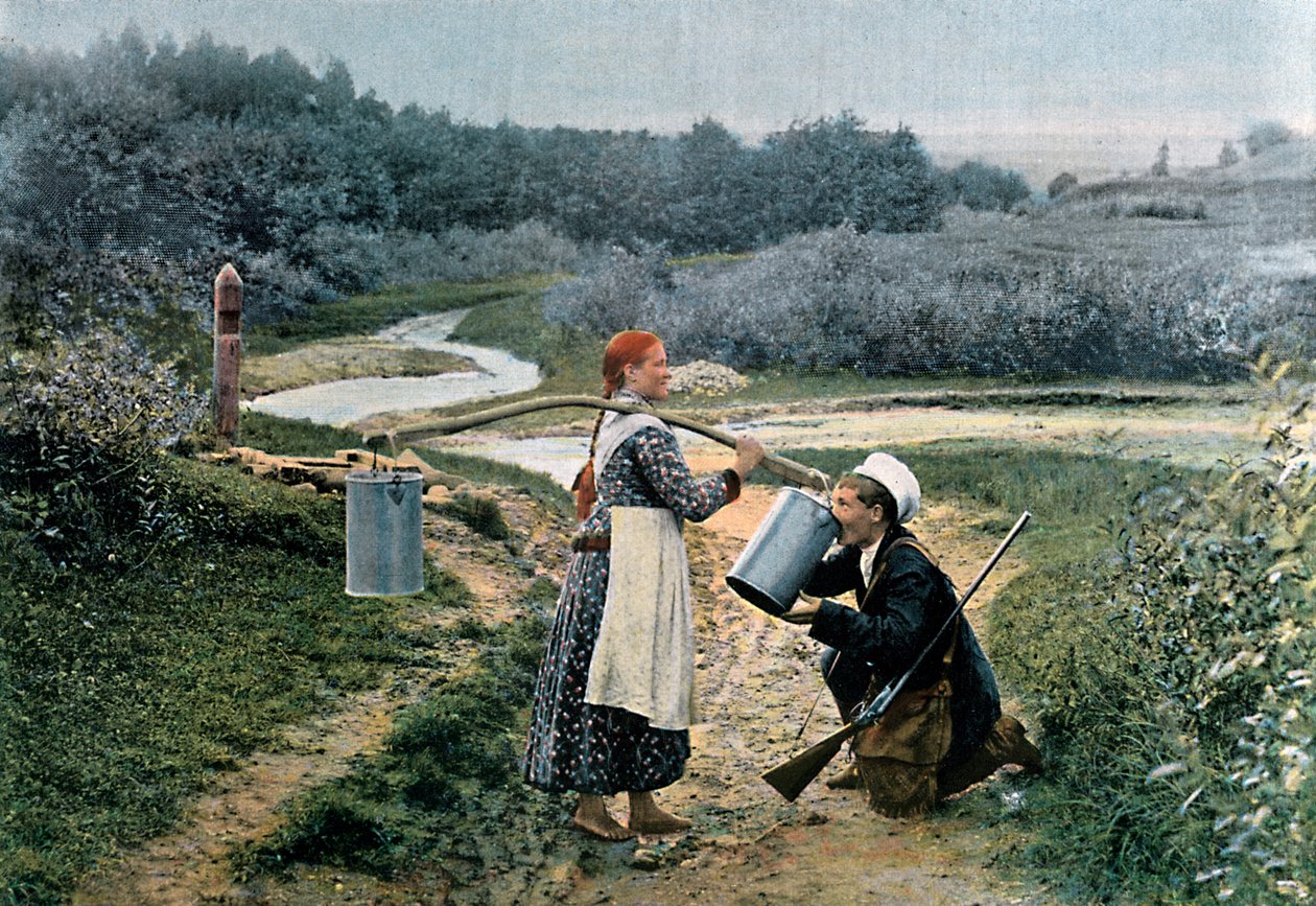 En jeger tar en drink fra en ung kvinne, Russland, ca 1890 av Gillot