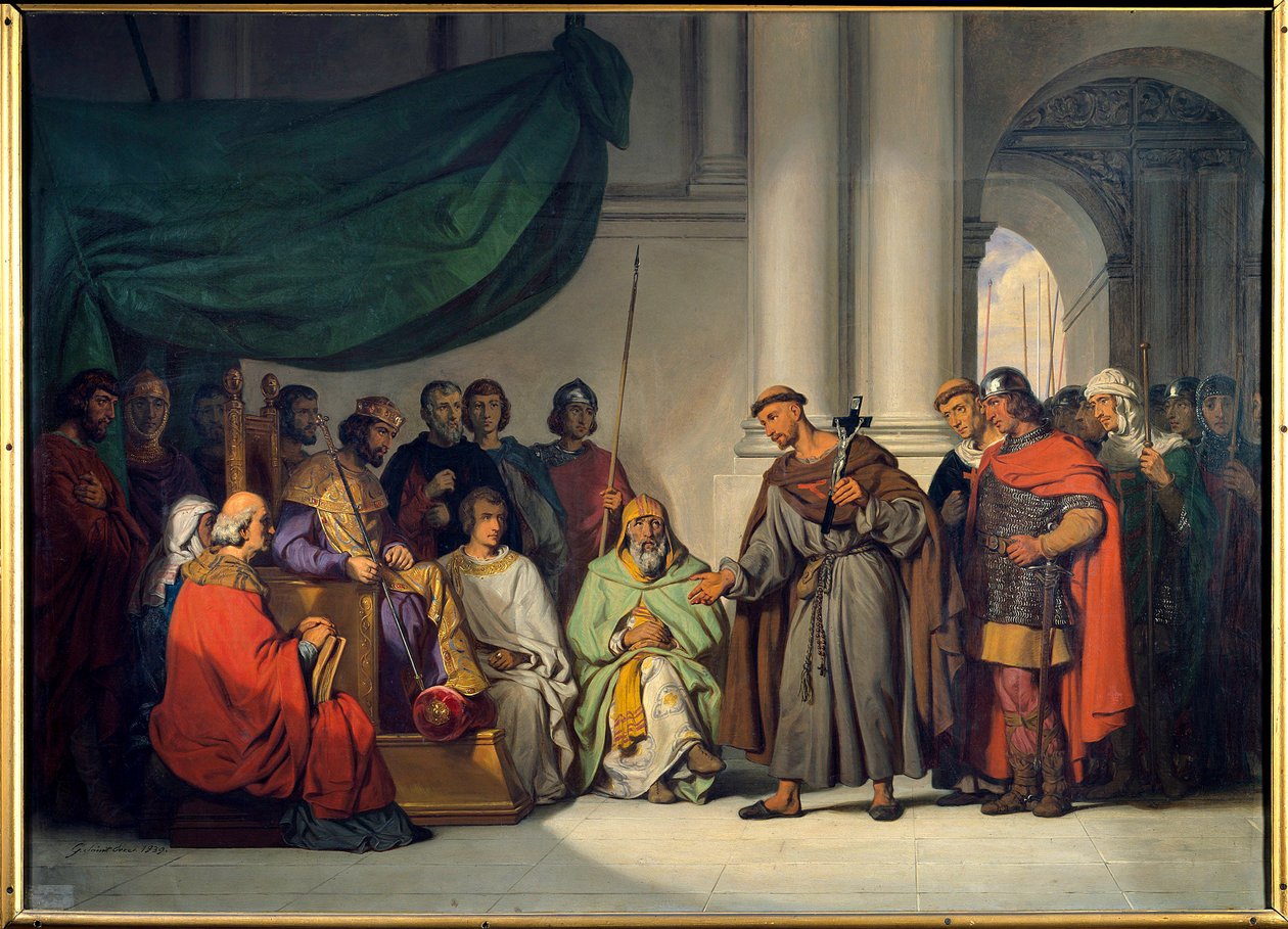 Første korstog: "" Den østlige keiser Alexis Comnene (1048-1118) mottar Peter Eremitten som kom for å formane ham til korstoget i Konstantinopel i august 1096"" Maleri av Gillot Saint Evre (1791-1858) 1839 Søn. 0,98 x 1,36 m Versailles. Chateau-museet av Gillot Saint Evre