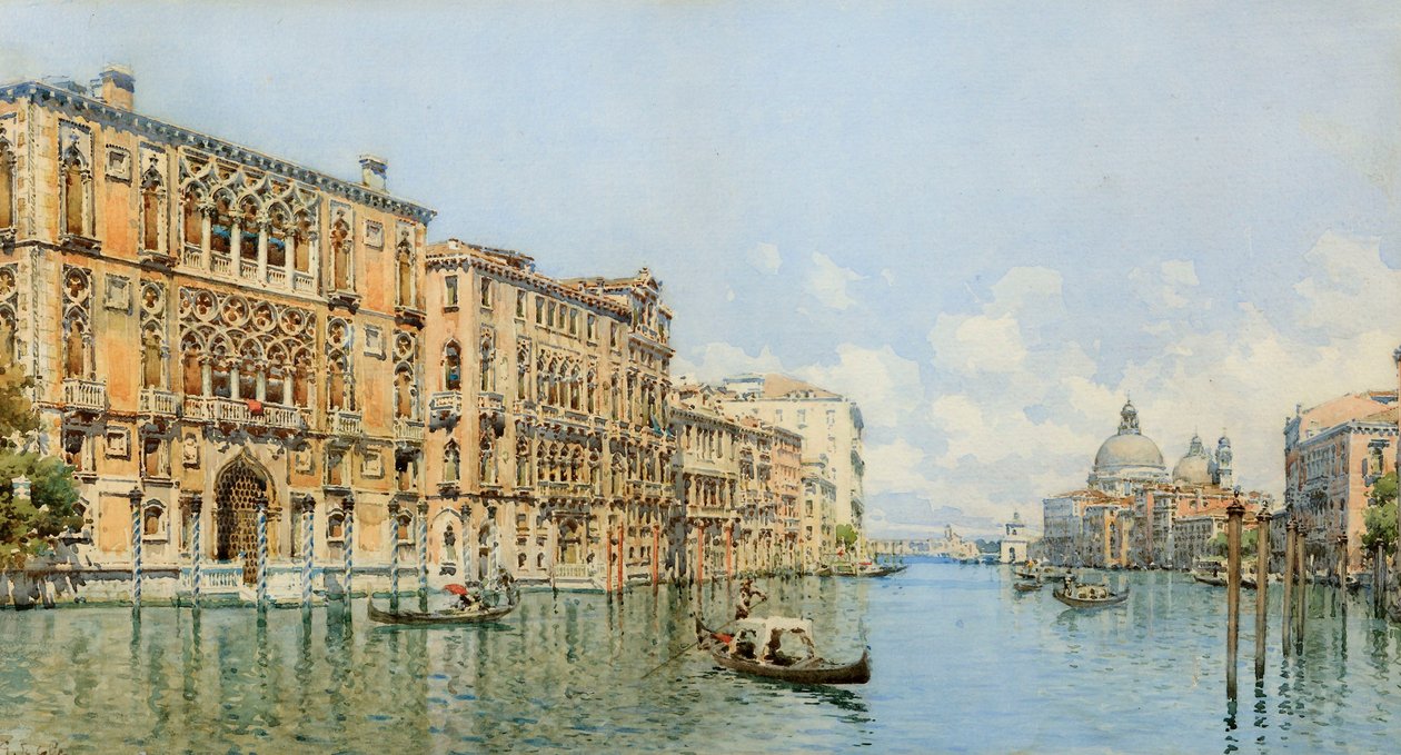 En utsikt over Canal Grande med Palazzo Cavalli-Franchetti og Santa Maria della Salute (wc og blyant på papir) av Gino de Colle