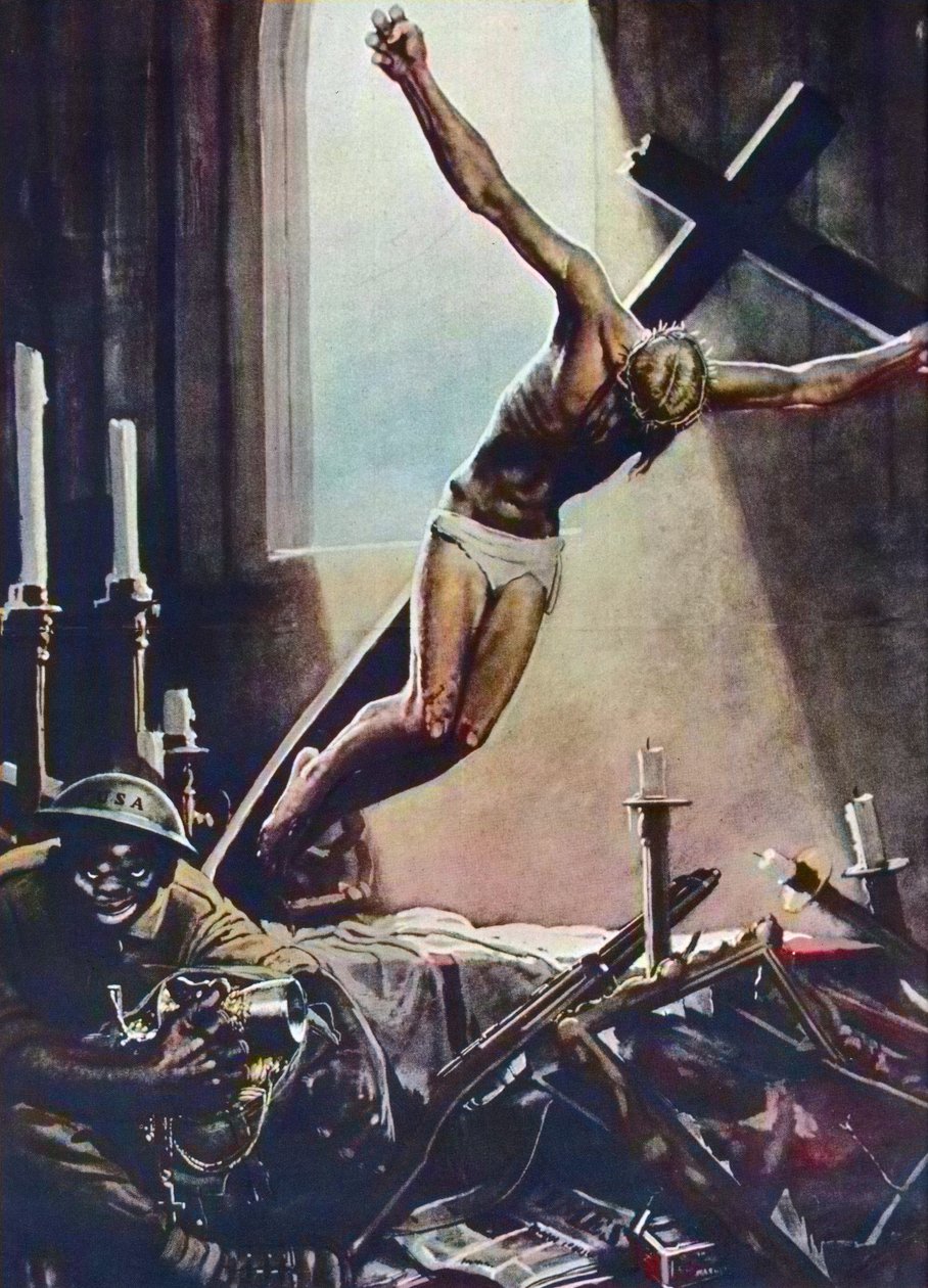 Anti-amerikansk WWII-plakat - Black American Pillaging Church - Plakat av Gino Boccasile (1901-1952) - Italian Propaganda Anti USA 1943 - Plakat av Gino Boccasile (1901-1952) av Gino Boccasile
