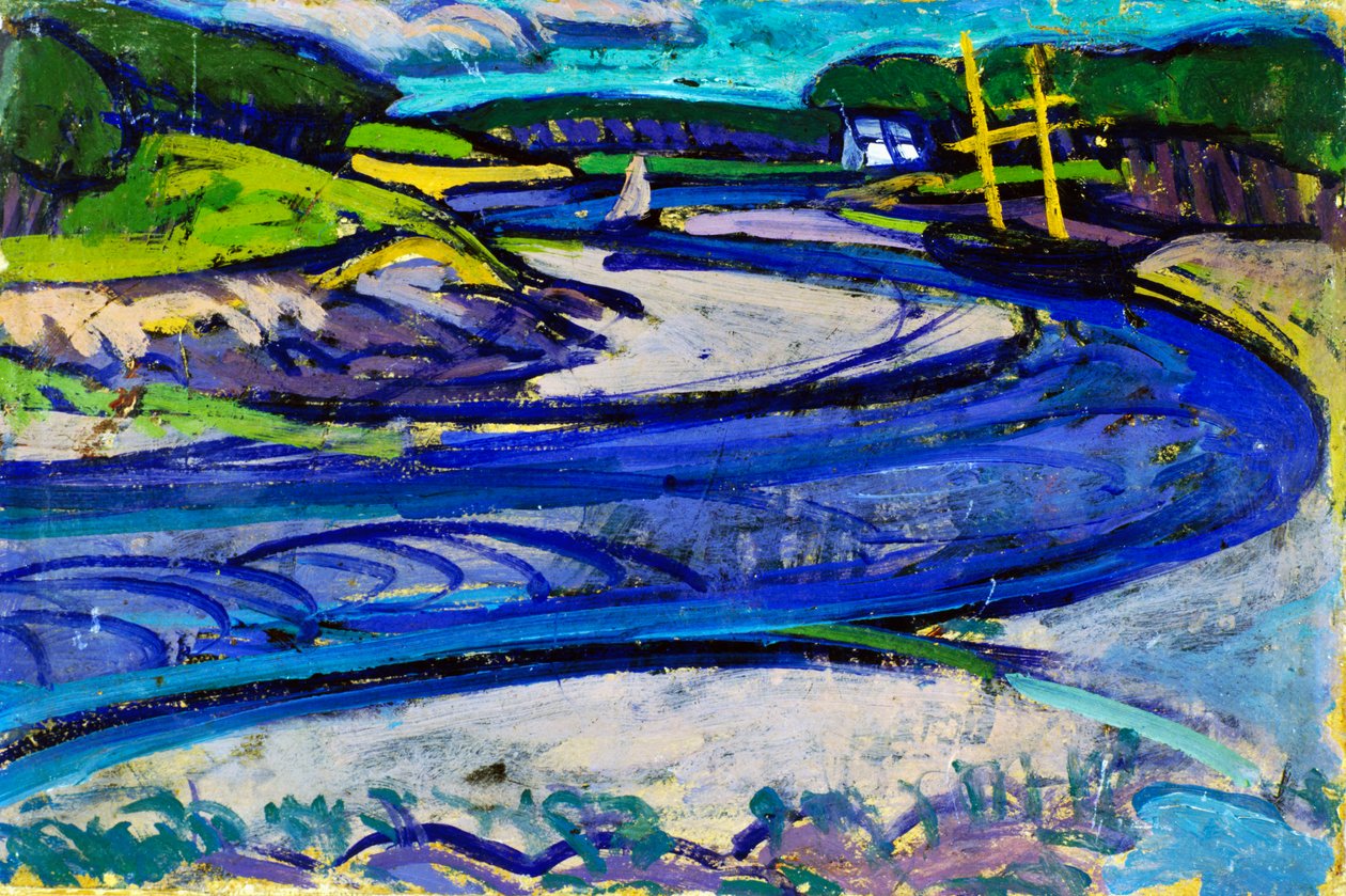 Canal in Britain, av Gino Rossi (1884-1947), olje på papir montert på lerret, 20x30 cm. Italia, 1900 -tallet. av Gino Rossi