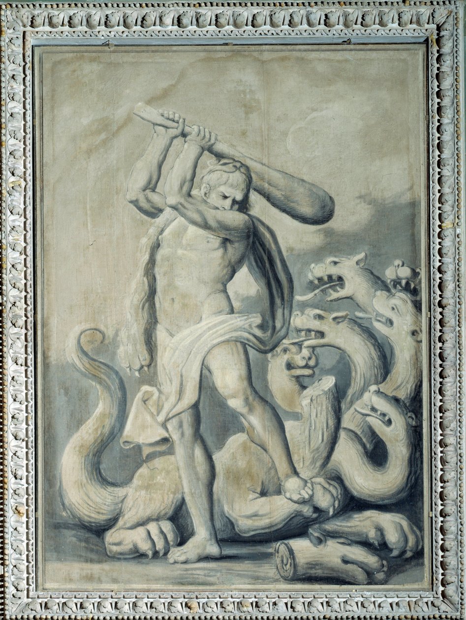 Hercules kutter av de syv hodene til Hydra (maleri av Gio Batta Celle