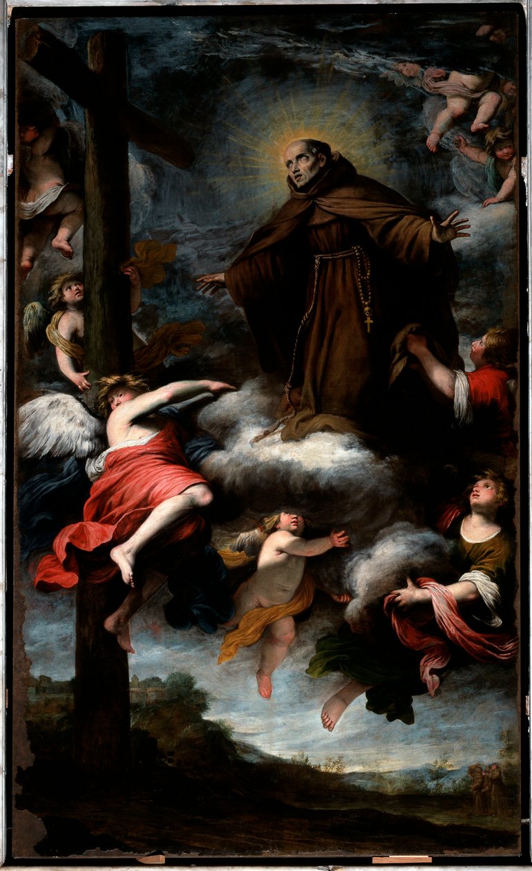 Representasjon av Saint Louis av Anjou som tilber korset (olje på lerret av Gio Bernardo Carbone