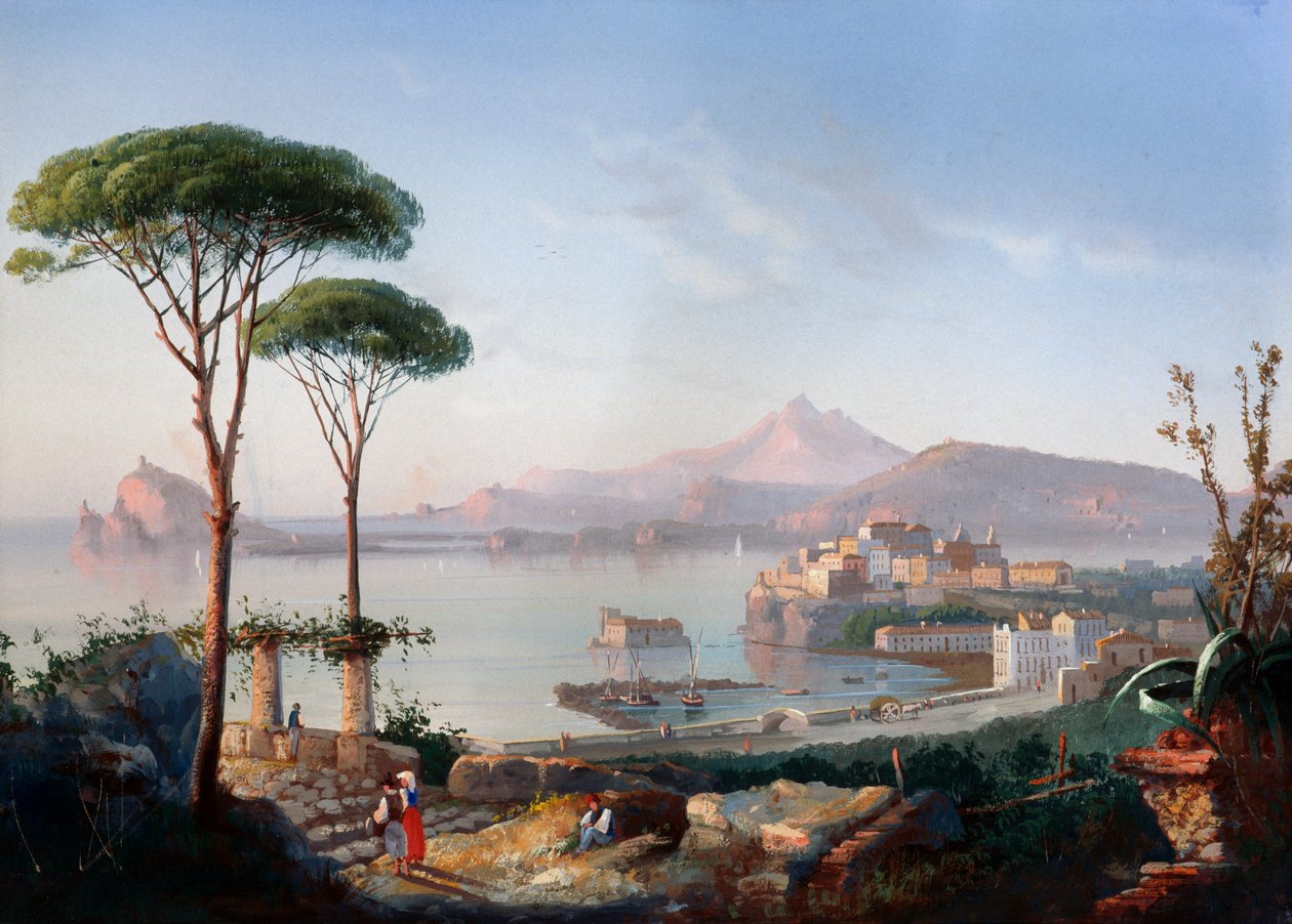 Utsikt over Pozzuolibukten med Capo Miseno og Ischia i bakgrunnen (gouache) av Gioacchino La Pira