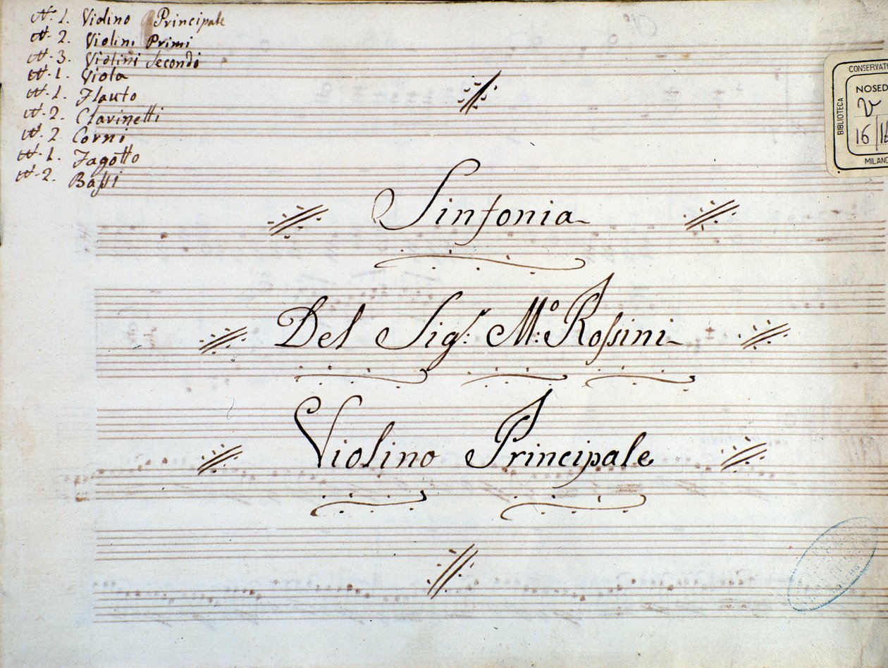 Detalj av første side av fiolinmusikalsk partitur for en symfoni av Gioacchino Rossini av Gioachino Rossini
