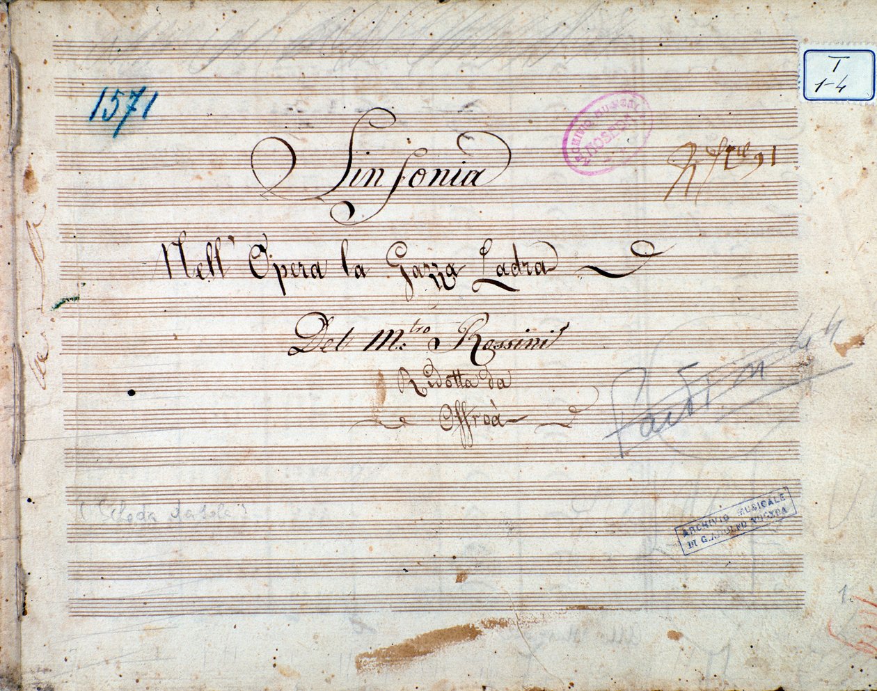 Første side med partitur av symfoni i La gazza ladra (The Thieving Magpie) av Gioacchino Rossini av Gioachino Rossini