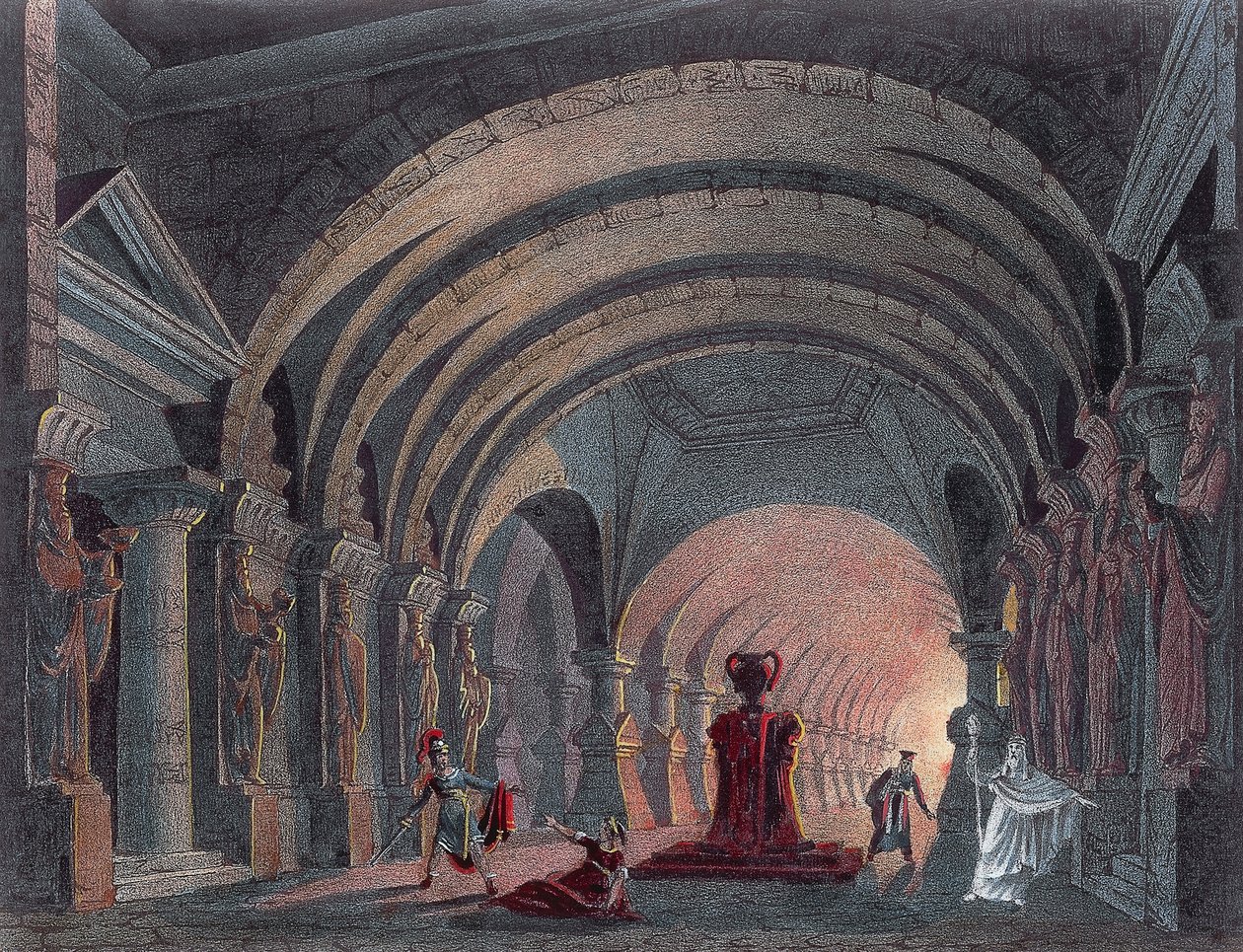 Scenografi for akt IV av Semiramide av Gioacchino Rossini (1792-1868), gravering av Gioachino Rossini