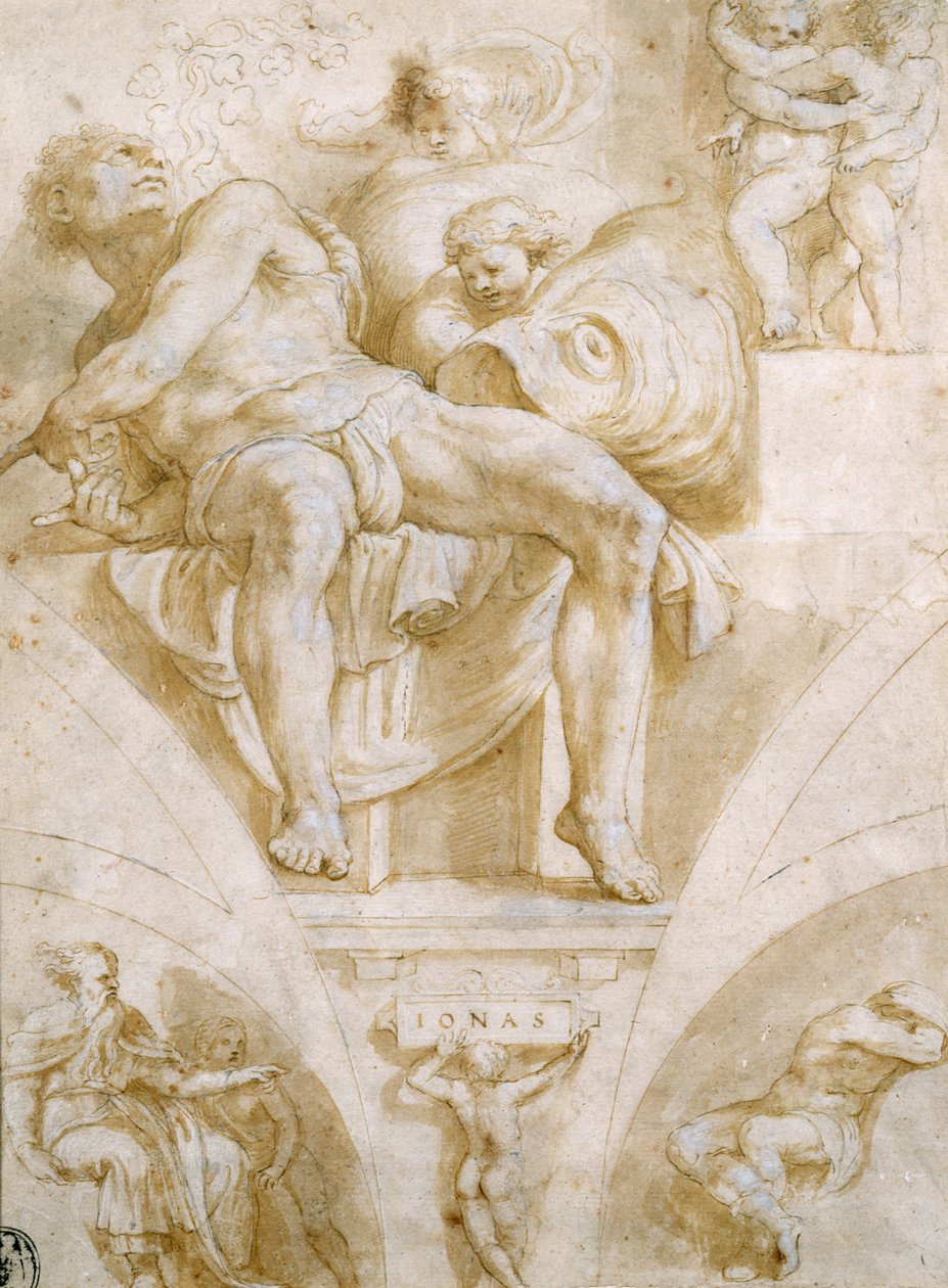 Profeten Jonas og to ødelagte lunetter (design for Det sixtinske kapell) av Giorgio Giulio Clovio