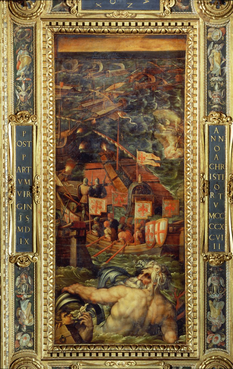Et sjøslag mellom Firenze og Pisa fra taket på Salone dei Cinquecento, 1565 (panel) av Giorgio Vasari