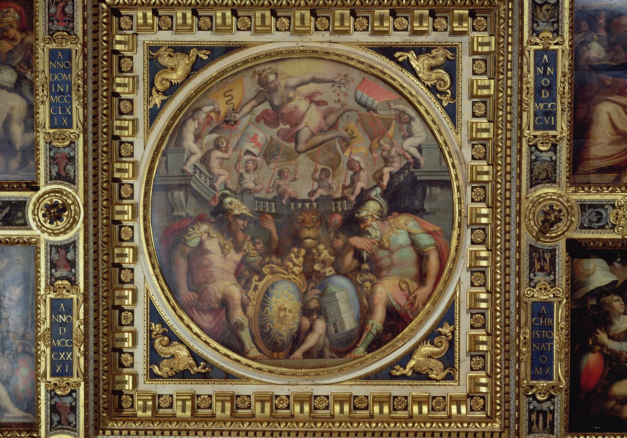 Allegori over distriktene San Giovanni og Santa Maria Novella fra taket på Sala dei Cinquecento, 1565 (panel) av Giorgio Vasari