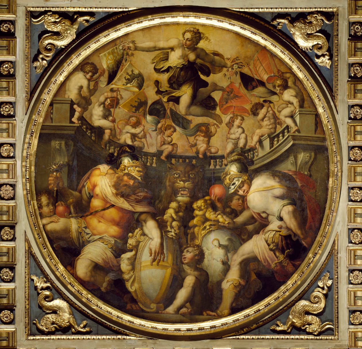 Allegori over distriktene Santa Croce og Santo Spirito fra taket på Salone dei Cinquecento, 1565 (panel) av Giorgio Vasari