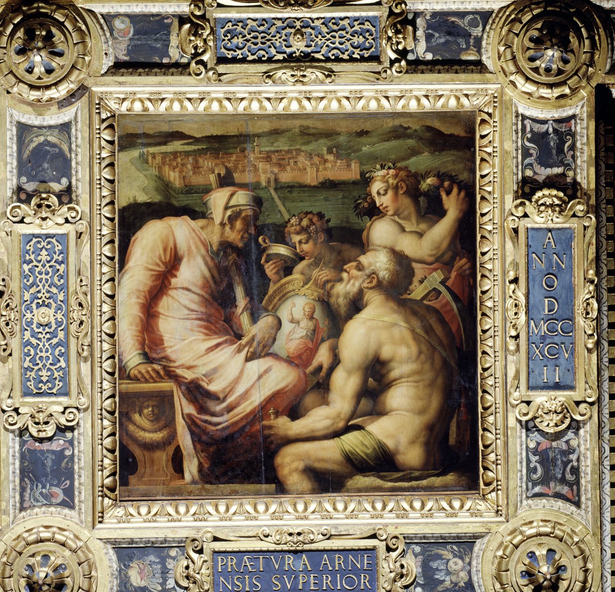 Allegori om landsbyen San Giovanni Valdarno fra taket på Salone dei Cinquecento, 1565 (panel) av Giorgio Vasari