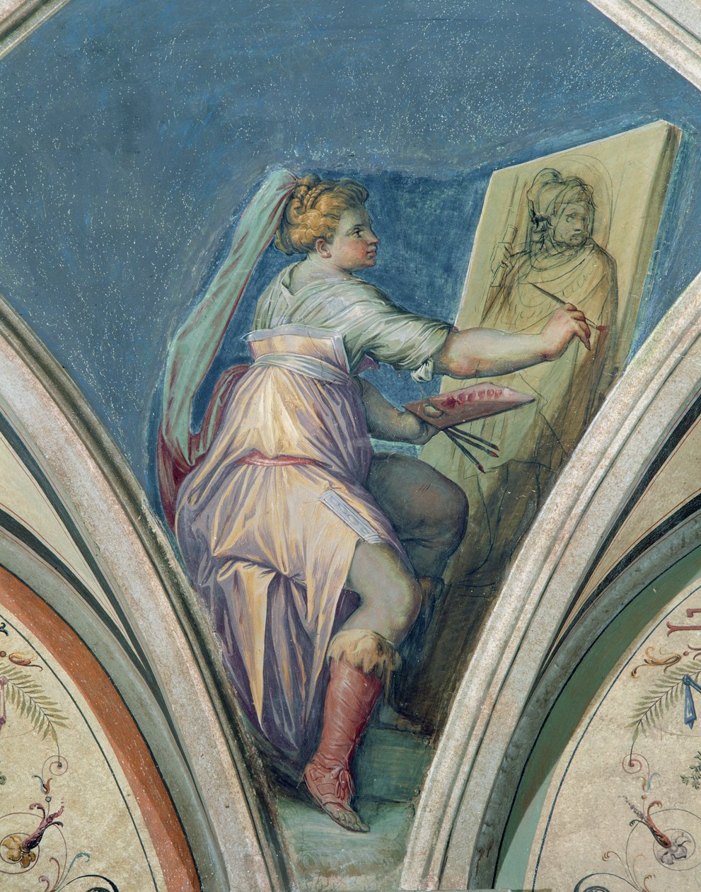 Sittende kvinne som maler et portrett av en mann, muligens kunstneren, fra Camera della Fama e delle Arti (Hall of Fame and of the Arts) 1542 av Giorgio Vasari