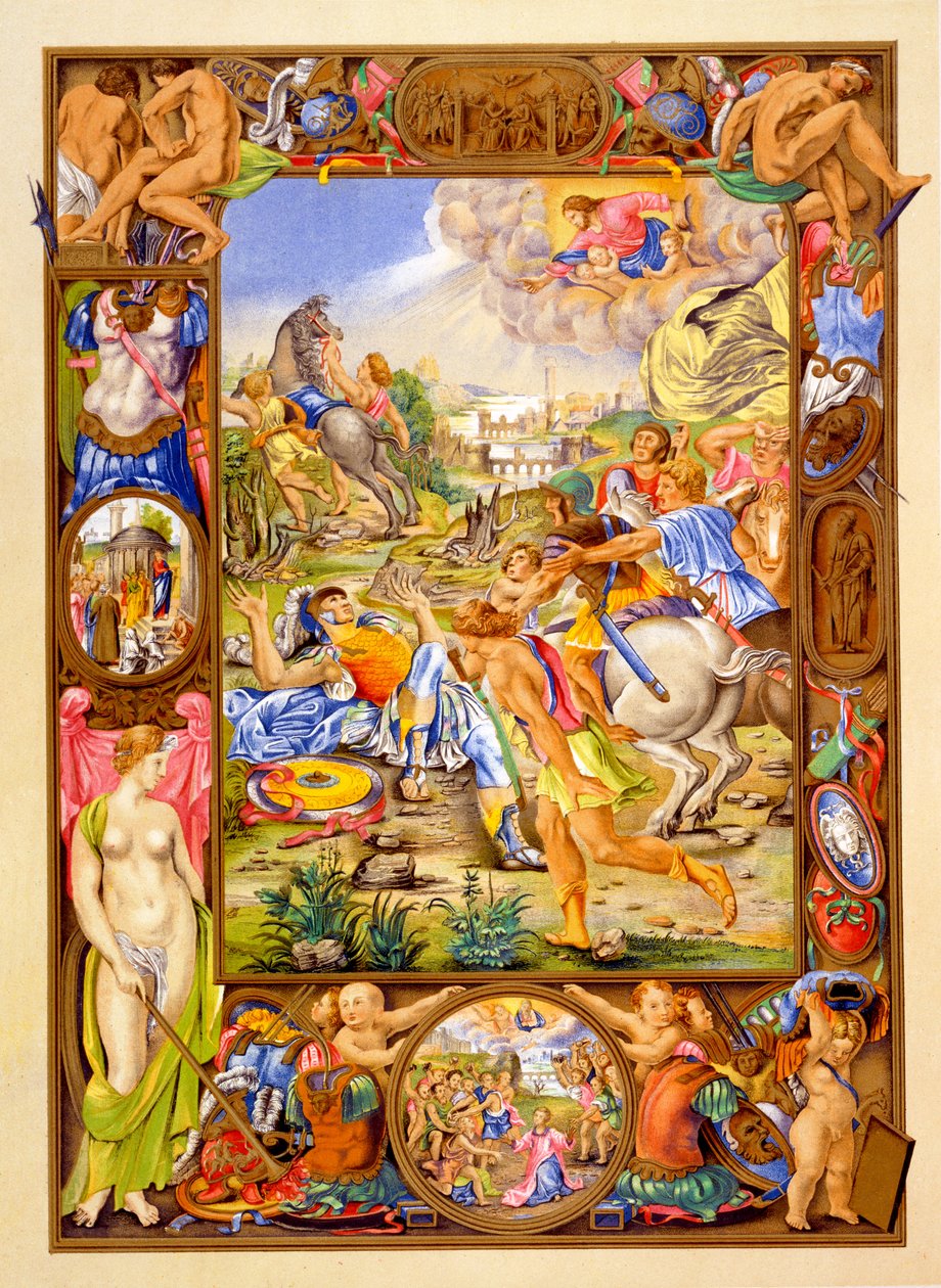 Faksimile av en manuskriptillustrasjon av omvendelsen av St Paul fra kommentarer til St Pauls brev til romerne, først publisert C15th color litho av Giorgio Giulio Clovio