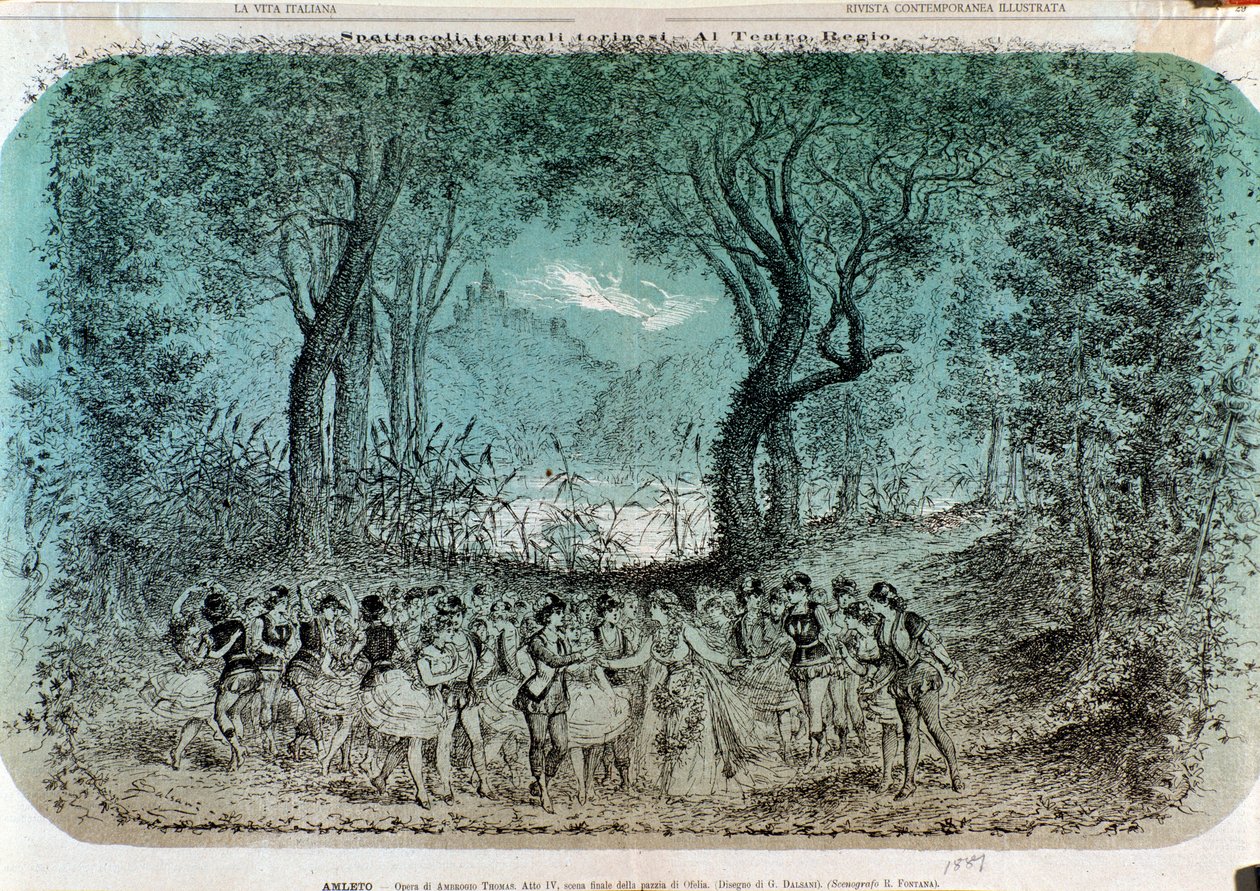 Illustrasjon for scenen for Ophelias galskap i Hamlet av Ambroise Thomas av Giorgio Dalsani