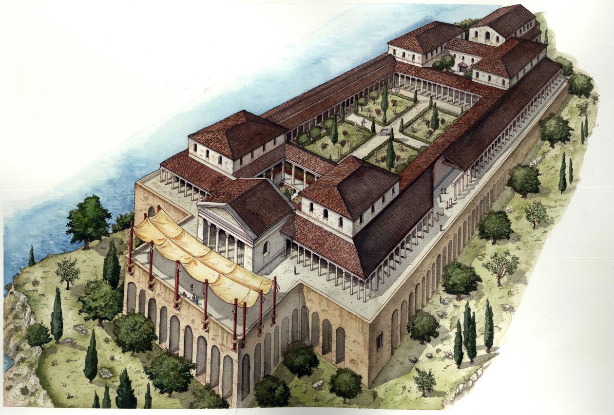 Antikkens Roma: rekonstitusjon av den romerske villaen Catulle eller Cave di Catullo, residensen til den latinske poeten med samme navn (1. århundre f.Kr.), som ligger rundt Sirmione, på den meridionale bredden av Gardasjøen (lago di Garda). Italia. av Giorgio Albertini