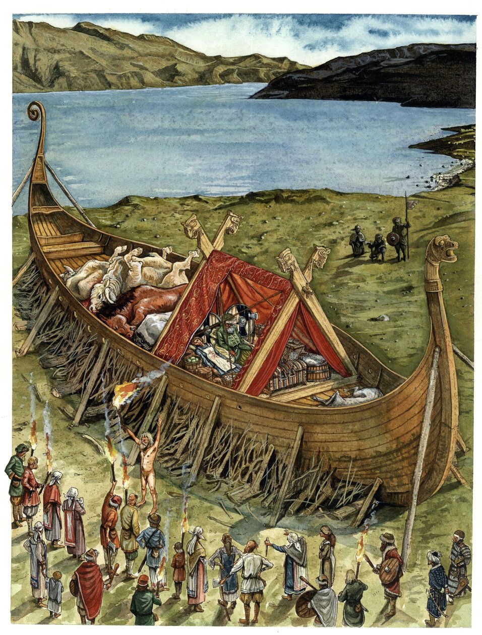 Begravelsesseremoni blant vikingene, den avdøde plasseres i en mislykket båt (drakkar) fylt med ofrede dyr og gjenstander fra begravelsesutstyret, i påvente av forbrenning. 10. århundre av Giorgio Albertini