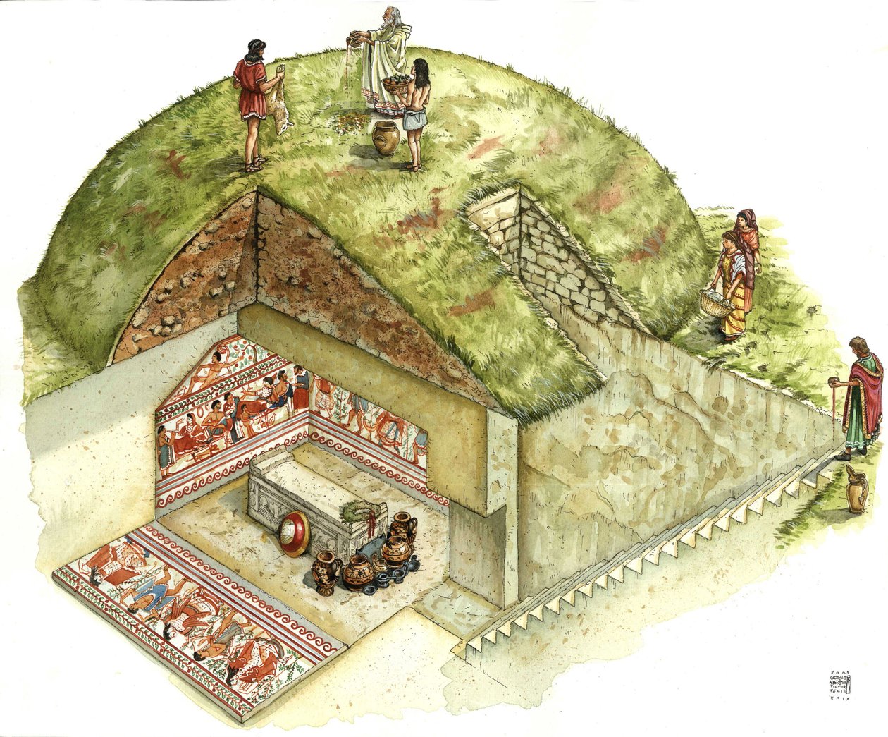Etruskisk sivilisasjon: rekonstruksjon og uthugging av graven til Triclinio (triclinium), nekropolis i Tarquinia. 5. århundre f.Kr. Italia Illustrasjon av Giorgio Albertini. av Giorgio Albertini