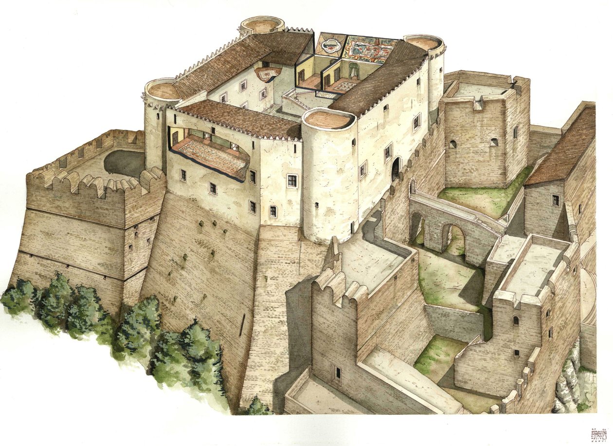 Middelalderen: rekonstruksjon av slottet Santa Severina, bygget på 1000-tallet, i Catanzaro. Calabria, Italia. Illustrasjon av Giorgio Albertini. (Bruken av denne forfatterens verk er ikke underlagt en søknad om tillatelse fra en tredjepart eller til av Giorgio Albertini