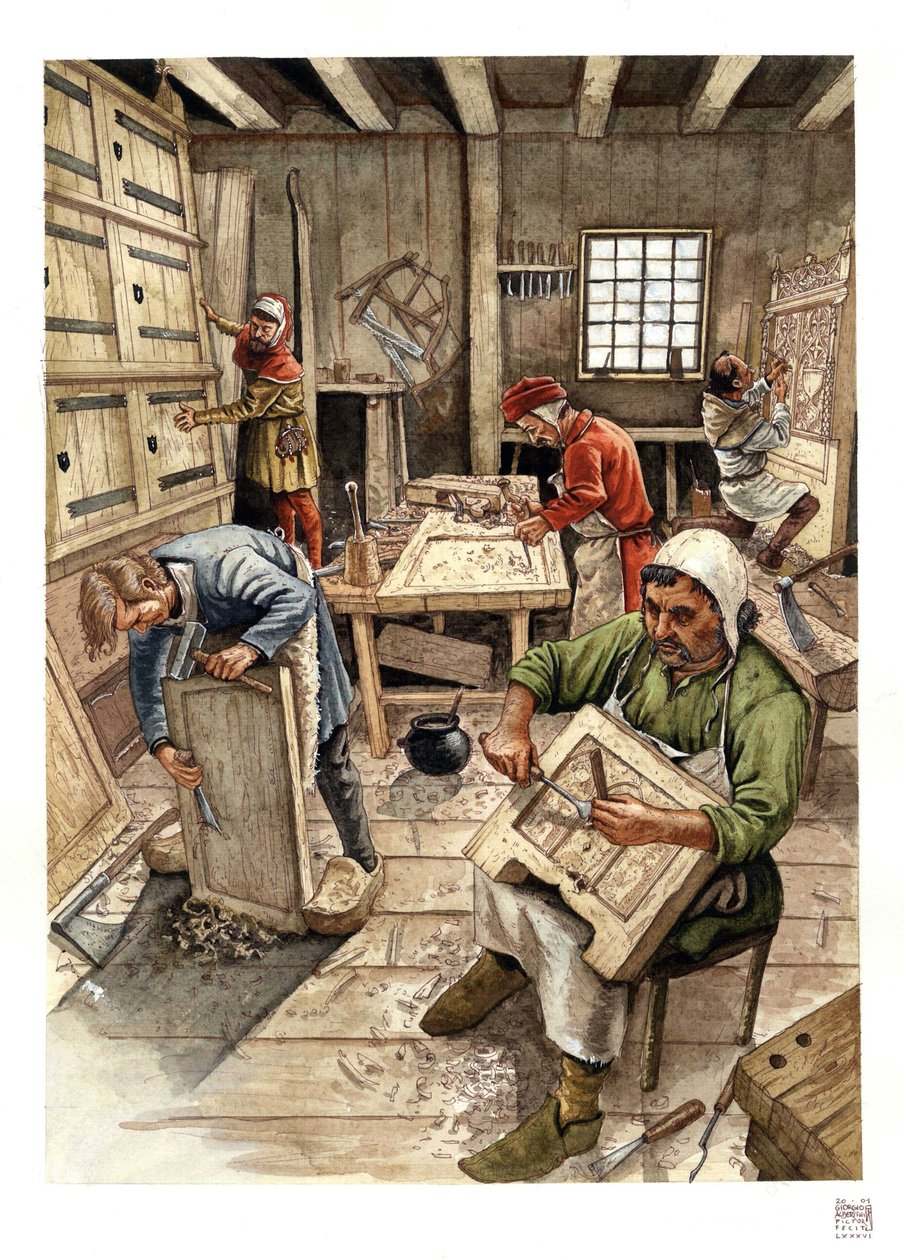Middelalderen: representasjon av et verksted for ebenister på 1400-tallet, arbeidere bearbeider tre. av Giorgio Albertini