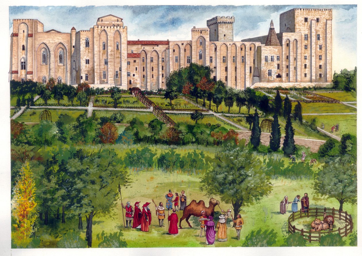Middelalderen: utsikt over pavepalasset i Avignon, da det var pavenes residens. I hagen spaserer medlemmer av kurien for å beundre eksotiske dyr (kameler, løver) 1300-tallet. av Giorgio Albertini