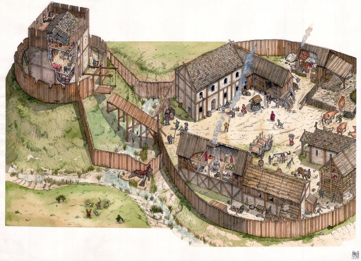 Middelalderen: landsby bygget ved bredden av en elv, trevoller og et befestet tårn. 1000-tallet av Giorgio Albertini
