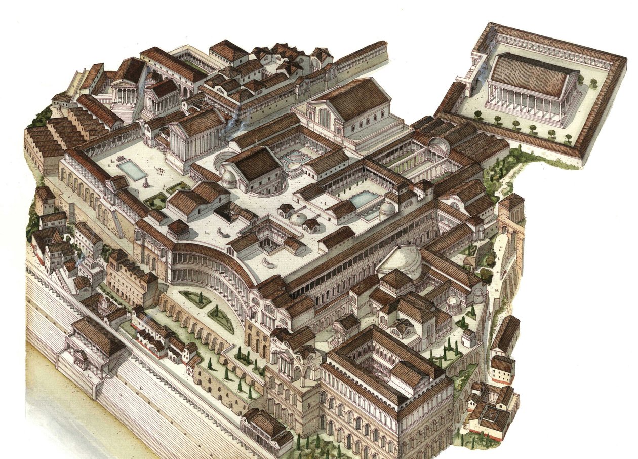 Romersk antikk: rekonstruksjon av Palatinerfjellet (Glue Palatino) på 300-tallet, etterfølgende keisere (Augustus, Nero, Severe Septime) bygde sine respektive palasser. Roma, Italia av Giorgio Albertini