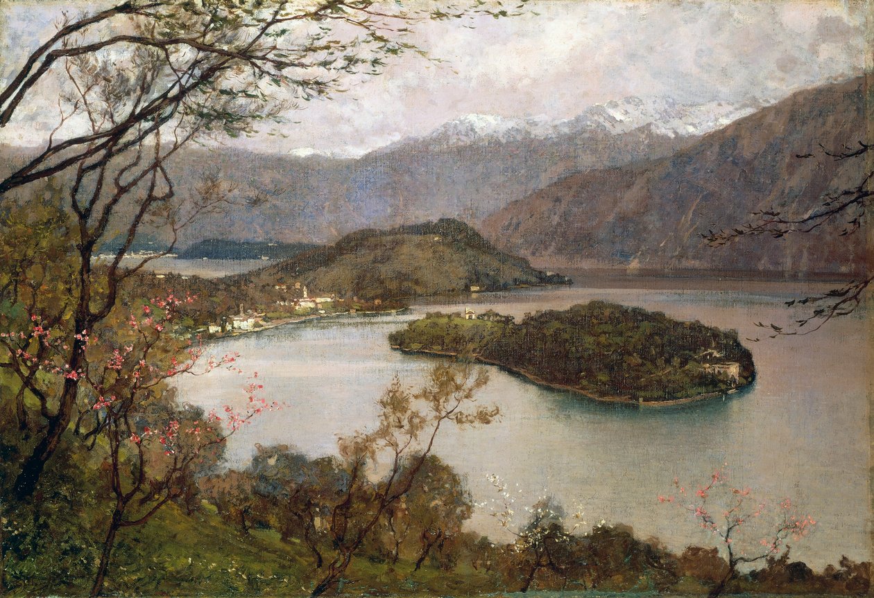Utsikt over Comacina Island, Comosjøen, av Giorgio Belloni (1861-1944), olje på lerret, 69,5x100 cm av Giorgio Belloni