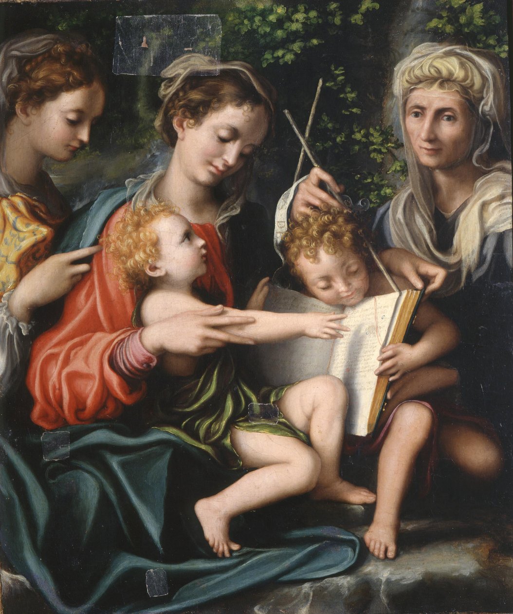 Jomfru og barn med de hellige døperen Johannes, Maria Magdalena og Elizabeth, ca 1529 av Giorgio Gandini del Grano