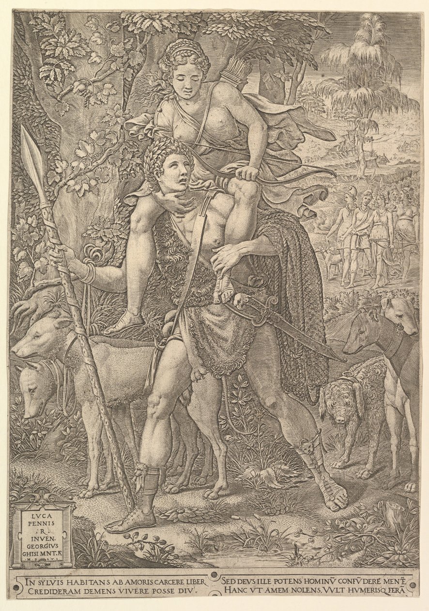 Allegory of the Hunt, en jeger som holder et stort spyd som bærer en kvinne Diana på shou..., 1556. av Giorgio Ghisi