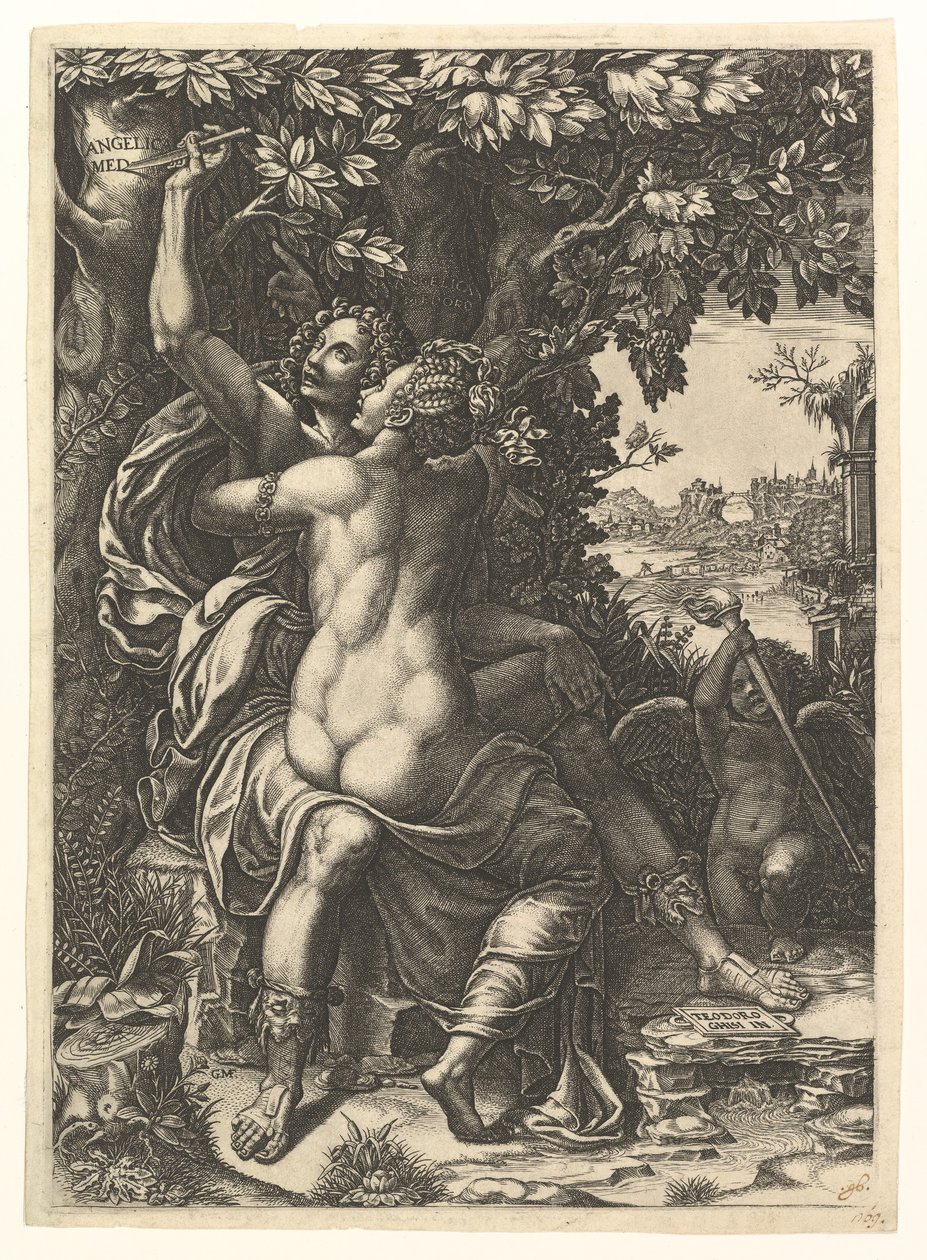 Angelica og Medoro, paret som omfavner, Medoro rister ut navnene sine i barken til en..., ca. 1570. av Giorgio Ghisi