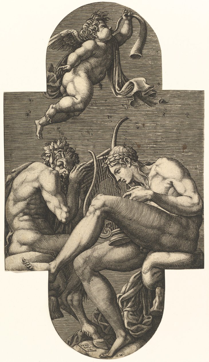 Apollo, Pan og en putto som blåser i horn, fra en serie på åtte komposisjoner etter Frankrike..., 1560-tallet. av Giorgio Ghisi