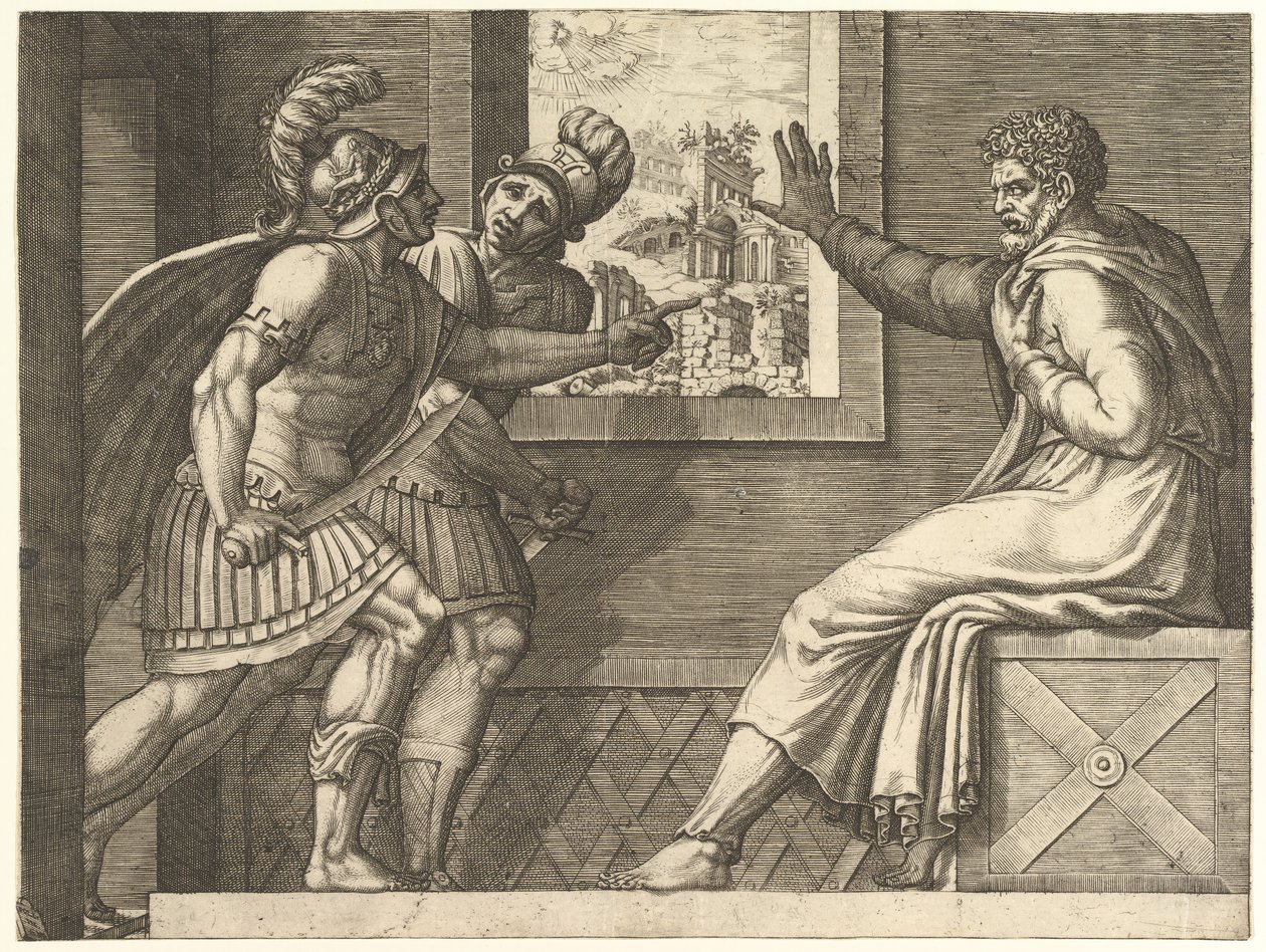 Caius Marius i fengsel, to kimbriske soldater på vei inn i cellen hans, 1560-69. av Giorgio Ghisi
