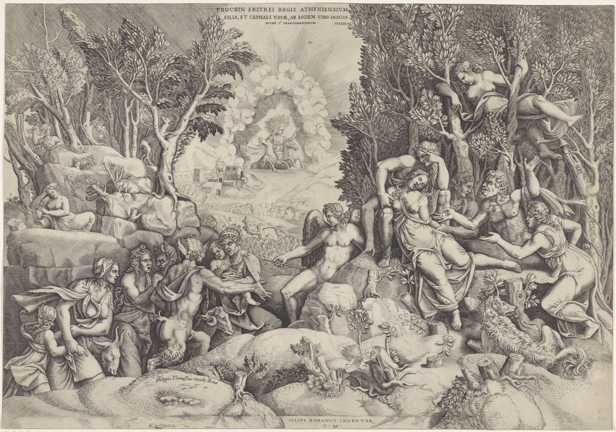 Cephalus en de Bosgoden beweenen de dood van Procris Procrinus av kongen av Athen / Datter og kone til Cephalus, av samme ektemann ubevisst (tittel på objekt) av Giorgio Ghisi