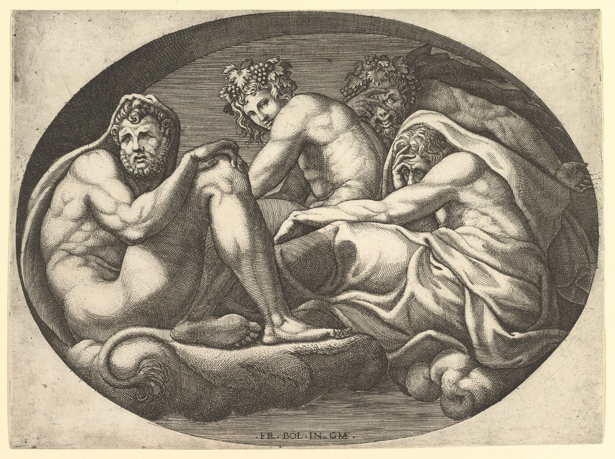 Hercules, Bacchus, Pan og Saturn, fra en serie på åtte komposisjoner etter Francesco P..., 1560-tallet. av Giorgio Ghisi