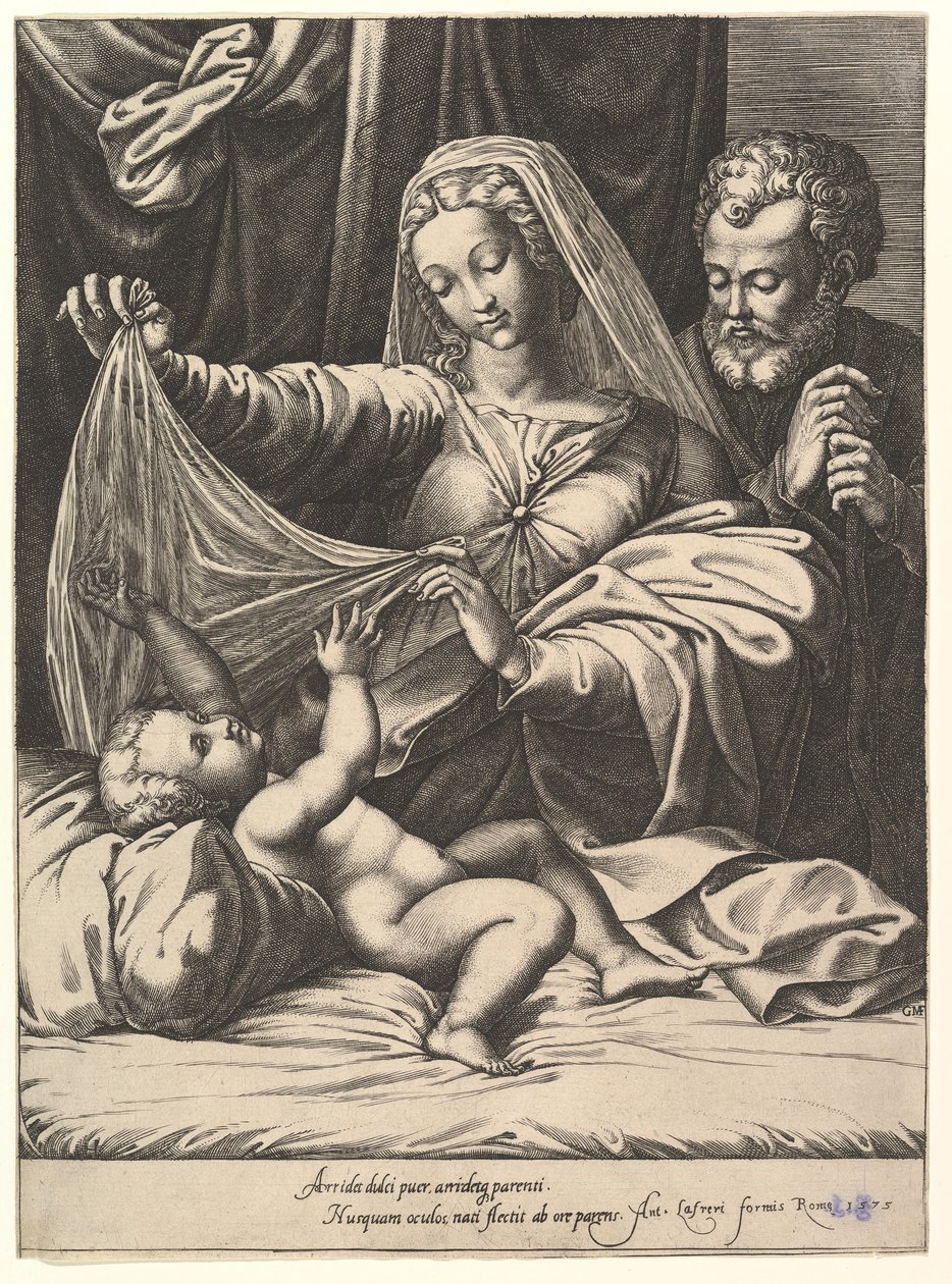 Madonna av Loreto, Jomfruen løfter et slør over barnet, som ligger på en seng og pute..., 1575. av Giorgio Ghisi