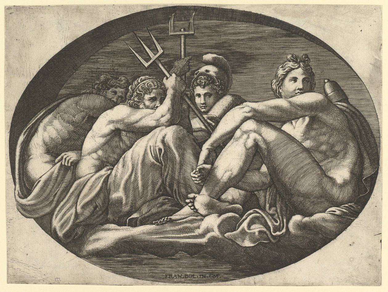Pluto, Neptune, Minerva and Apollo, from a series of eight compositions after Francesco P..., 1560s.    1169828   no       norwegian Successfully Translated  Original: Add 19720 fol.214 Walled garden with a woman gardening and others gossiping, from Livre  av Giorgio Ghisi