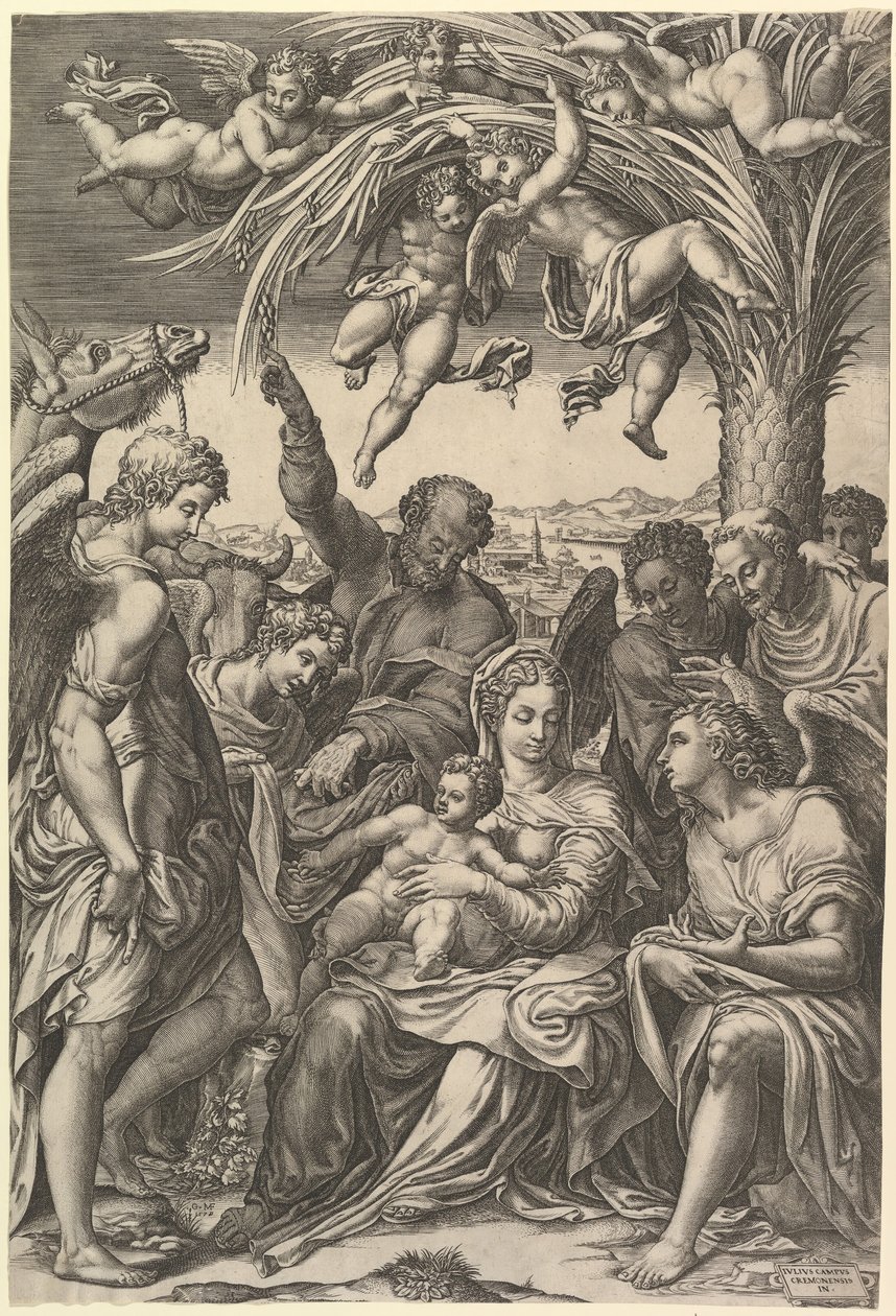 Hvil på flukten til Egypt, den hellige familie under et palmetre omgitt av engler, satt..., 1578. av Giorgio Ghisi