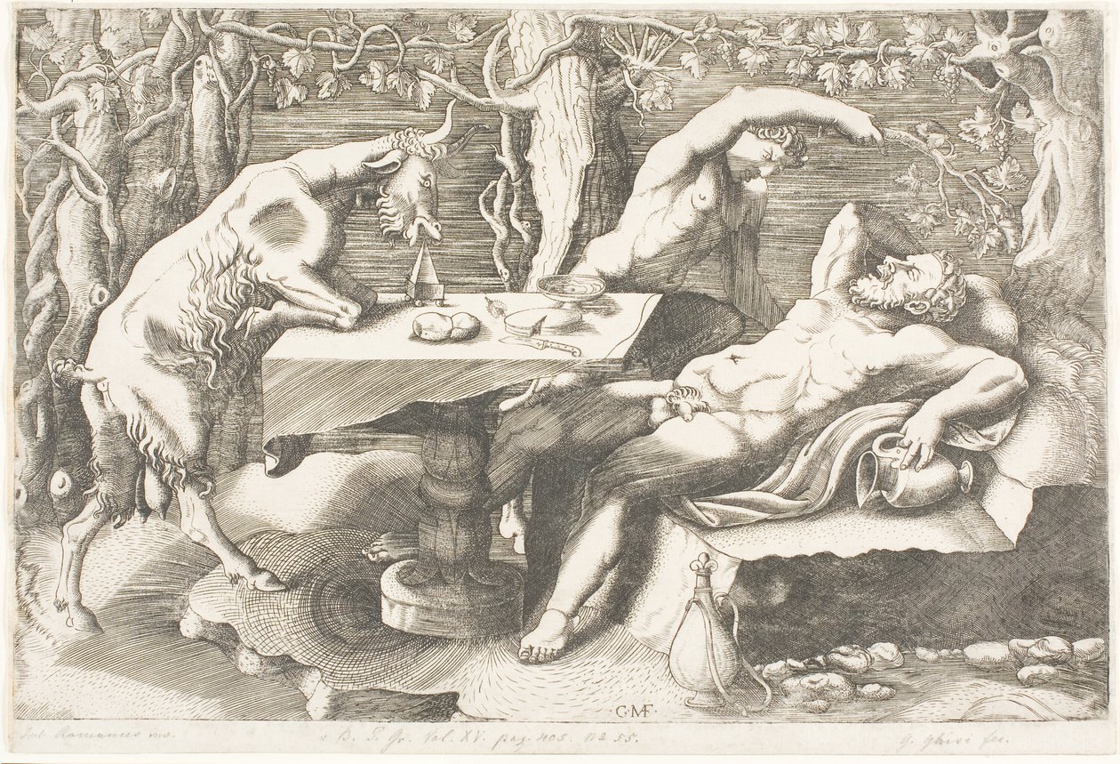 Satyr prøver å vekke Silenus med en vinranke av Giorgio Ghisi