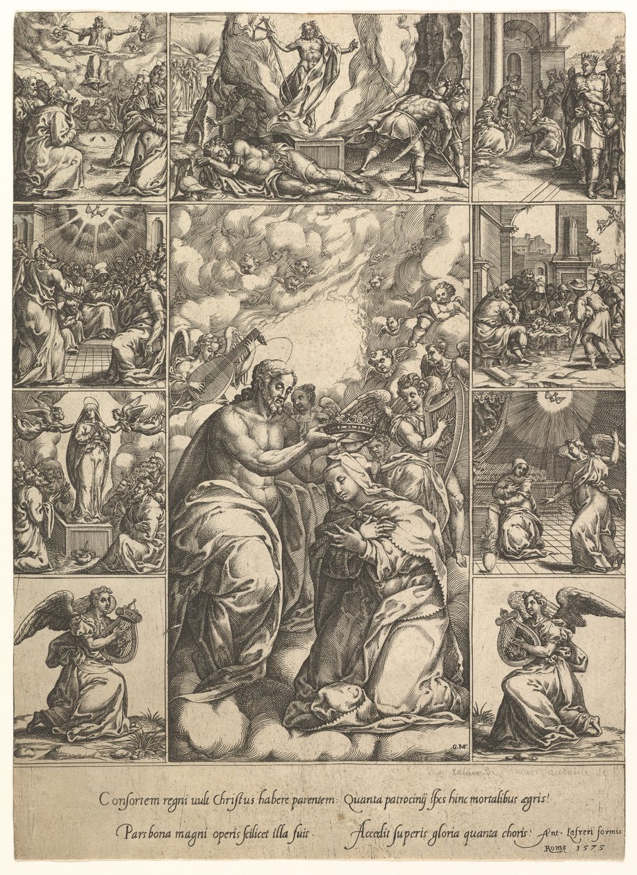 The Coronation of the Virgin, omgitt av ni vignetter med scener fra livet til..., innen 1575. av Giorgio Ghisi