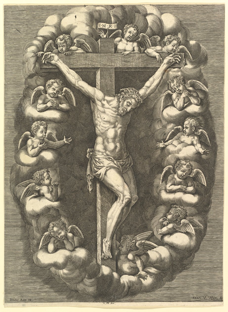 Den korsfestede Kristus omgitt av sørgende engler, 1575-1679. av Giorgio Ghisi