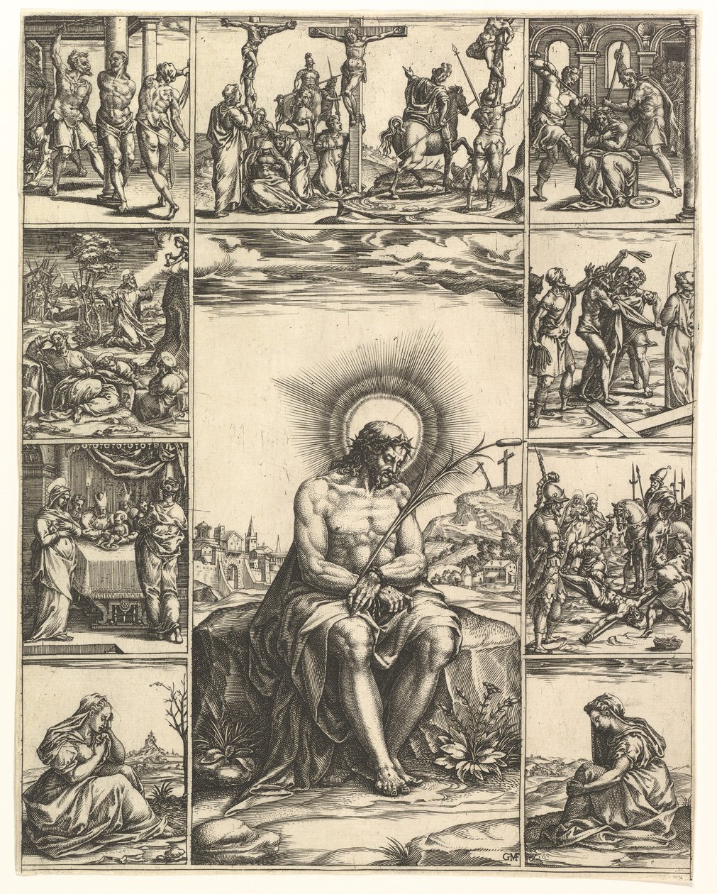 The Man of Sorrows, et bilde av Kristus omgitt av ni vignetter som viser scener av..., innen 1575. av Giorgio Ghisi