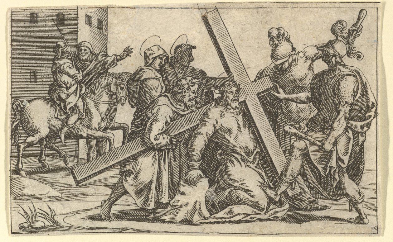 The Virgin of Sorrows: Christ Bearing the Cross, en av ni omkringliggende avdelinger f..., innen 1575. av Giorgio Ghisi