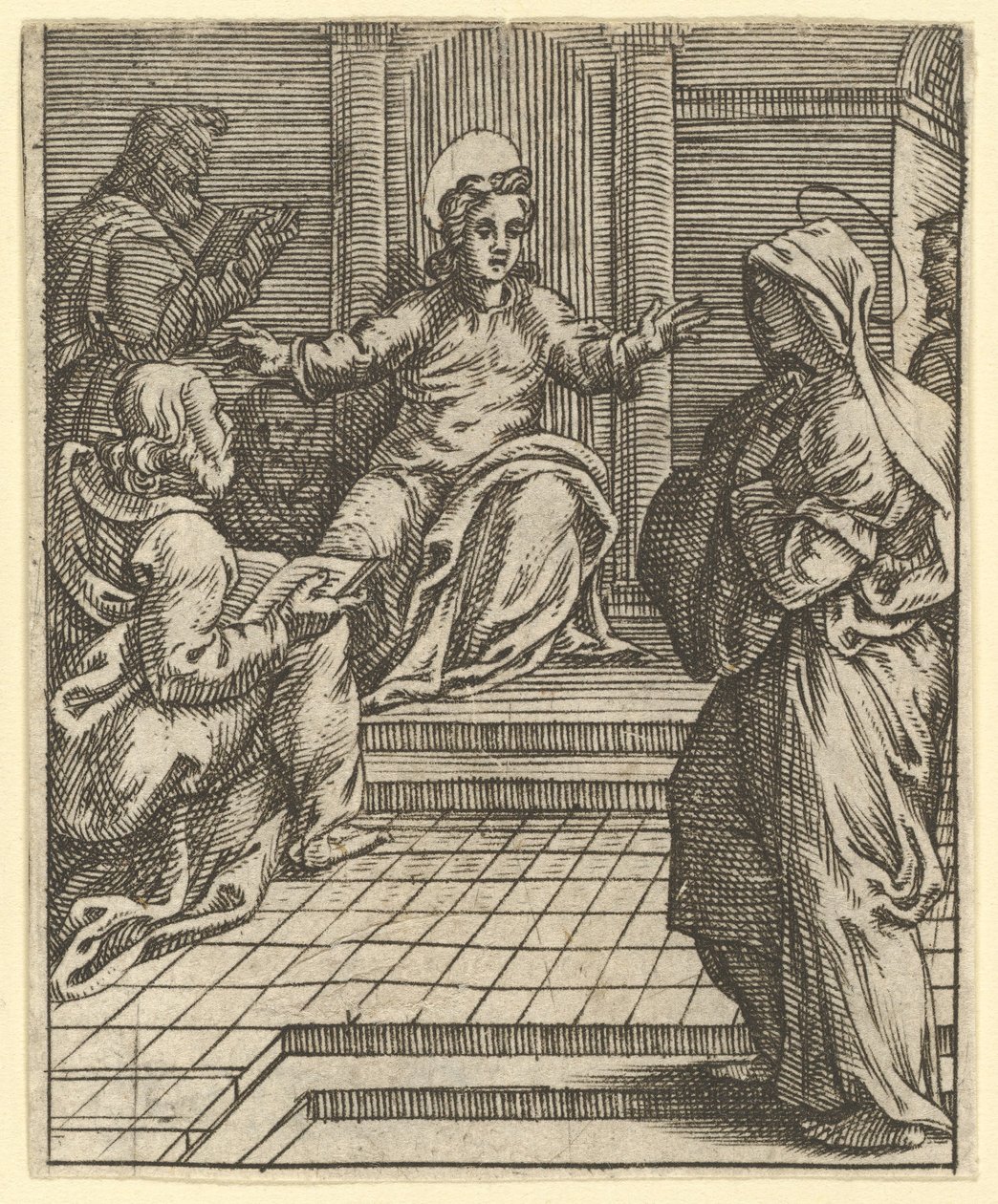 The Virgin of Sorrows: Christ Disputing with the Doctors, en av ni omkringliggende selskaper, innen 1575. av Giorgio Ghisi