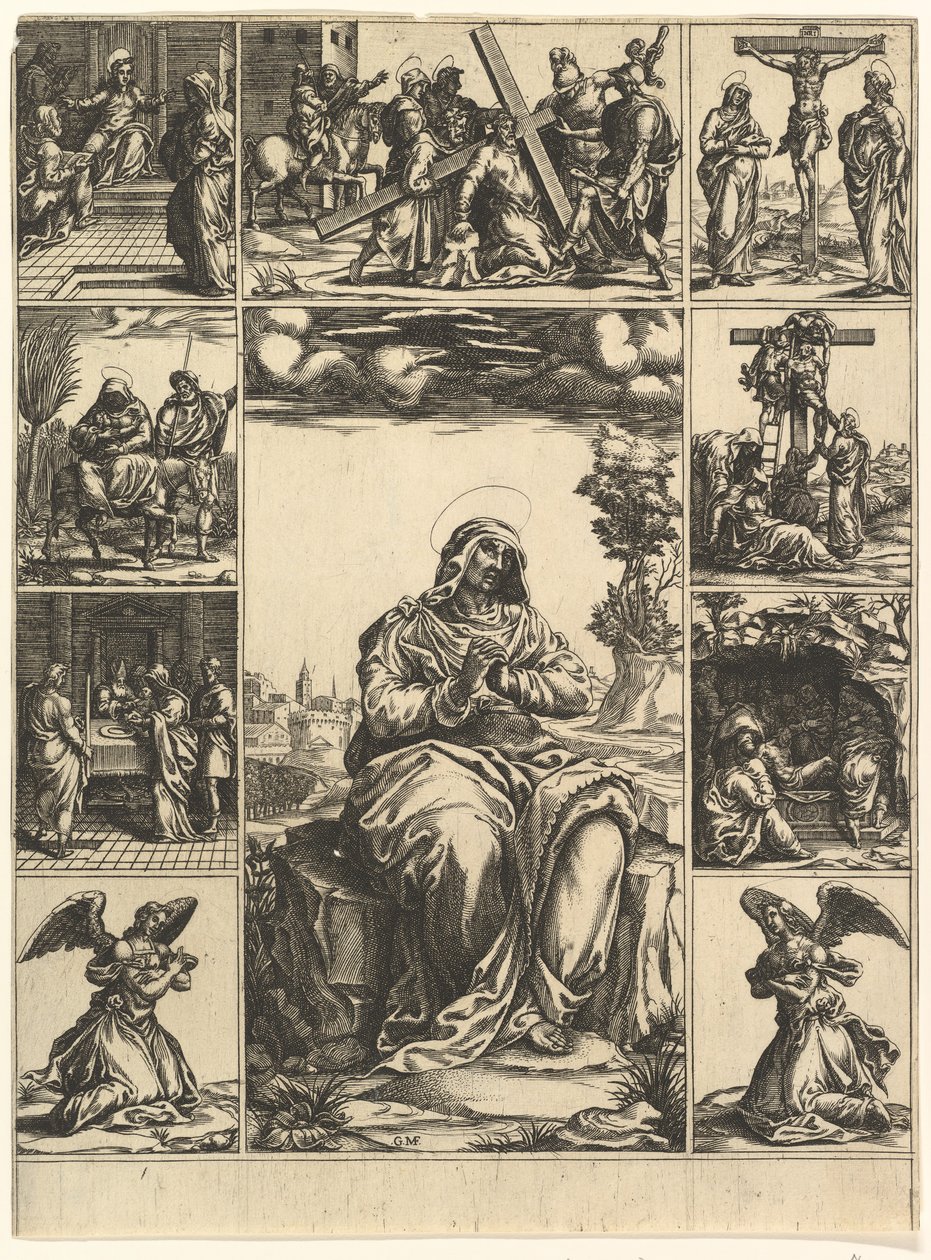 The Virgin of Sorrows, et bilde av Jomfru Maria omgitt av ni vignetter som viser..., ca. 1575. av Giorgio Ghisi