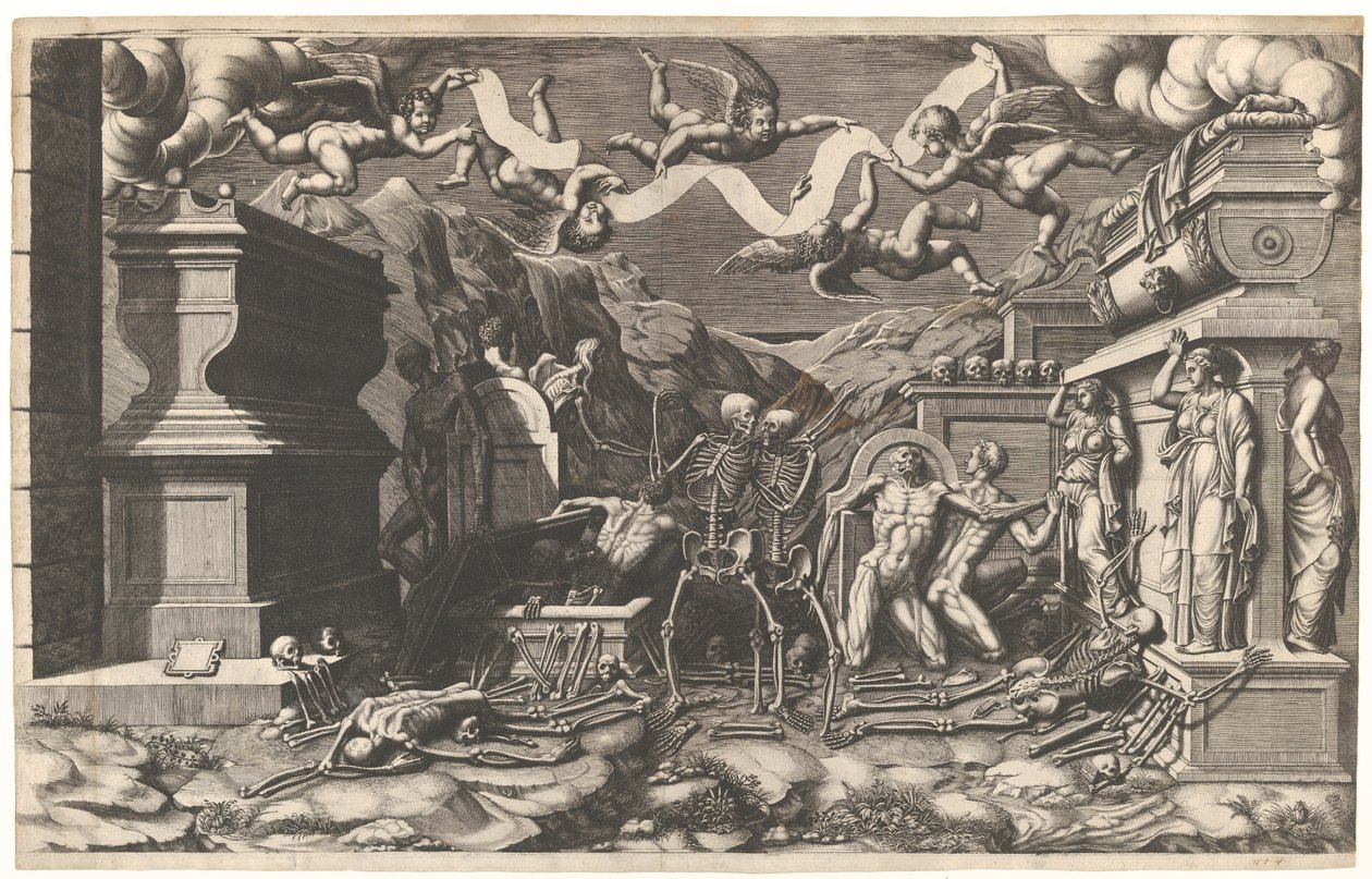 The Vision of Ezekiel, en gruppe lik og skjeletter som dukker opp fra gravene, over dem ..., 1554. av Giorgio Ghisi